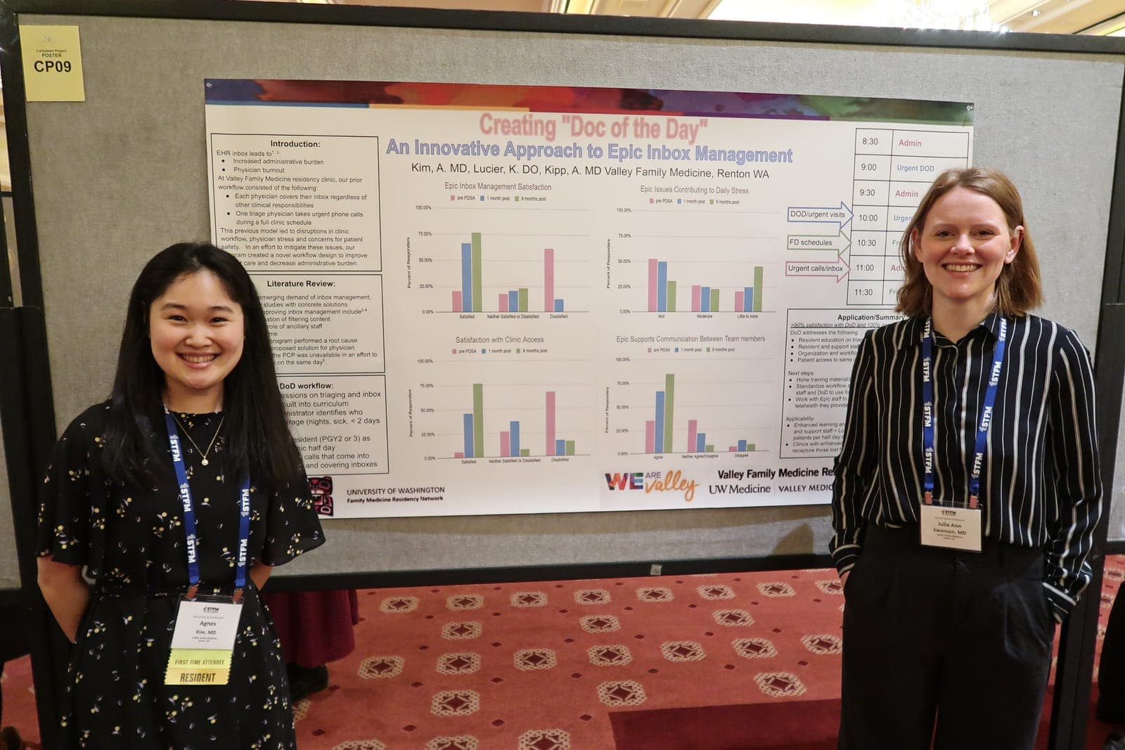 Two residents standing on either side of their research poster at a conference