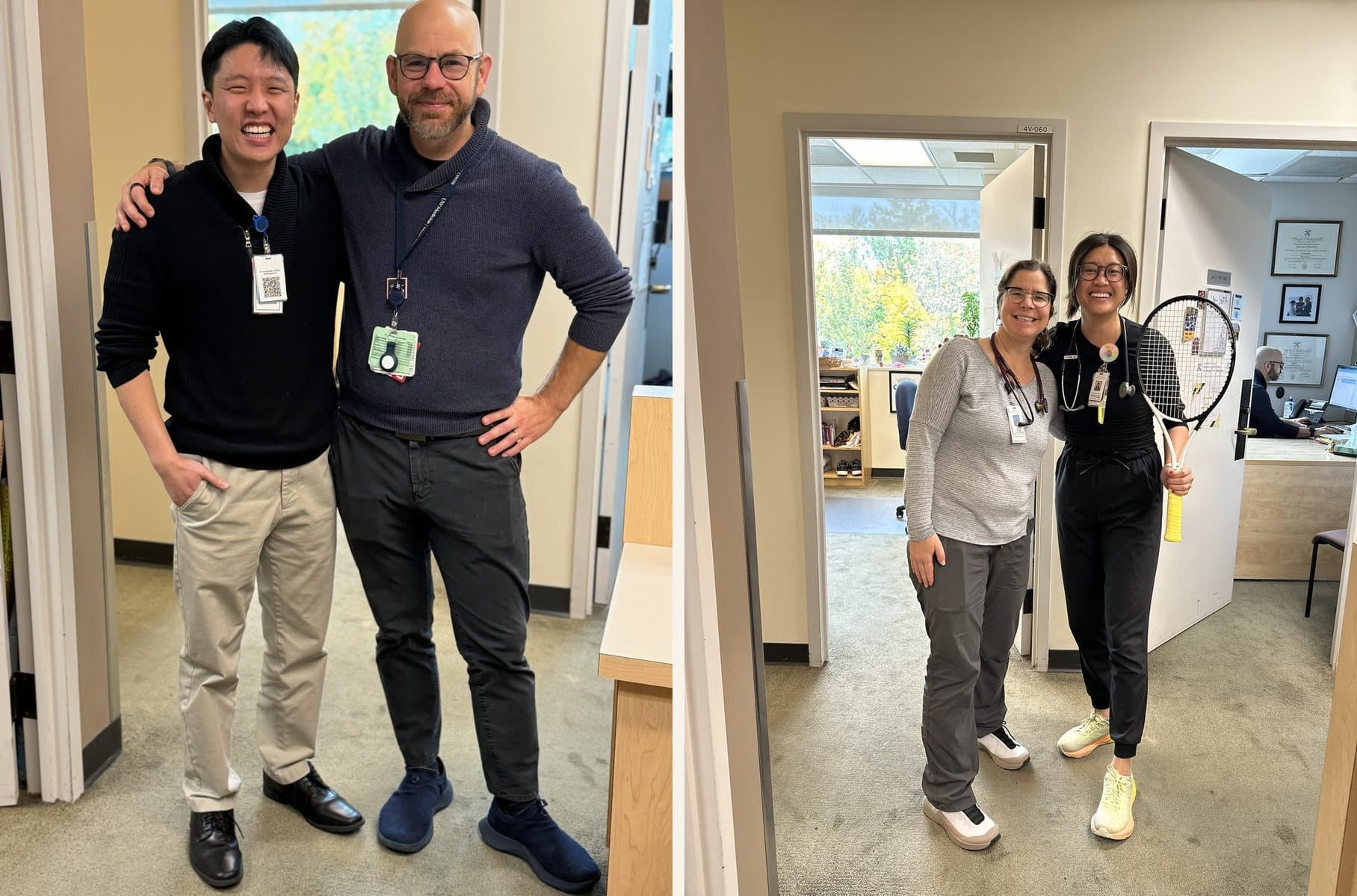 Two pairs of a resident and a faculty member dressed alike: one pair in matching dark sweaters and lanyards, the other in black with stethoscopes, one holding a tennis racket