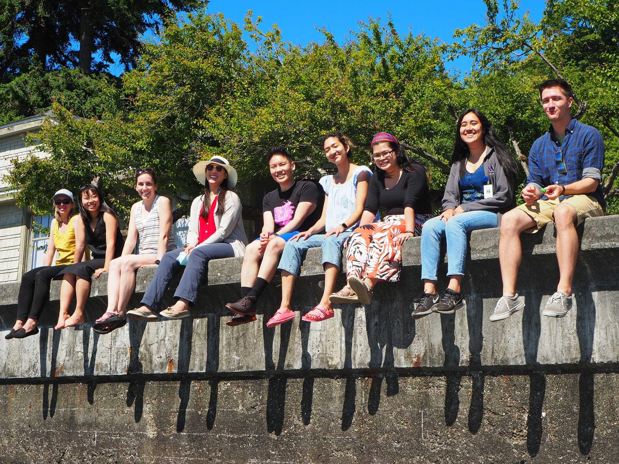 The class of 2024 sitting in a row on a stone wall on a sunny day
